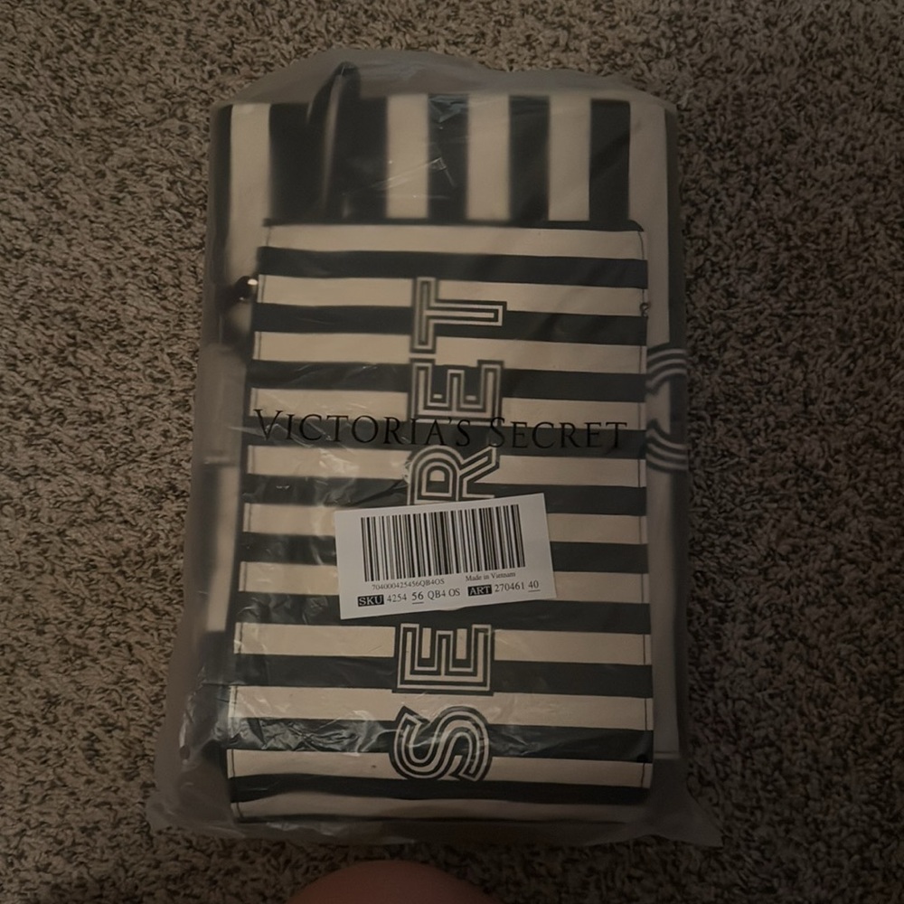 Victoria's Secret Black and White Striped Tote with Pouch - Picture 2 of 2